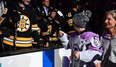 Emma Robertson, 16, performs ceremonial Bruins puck drop