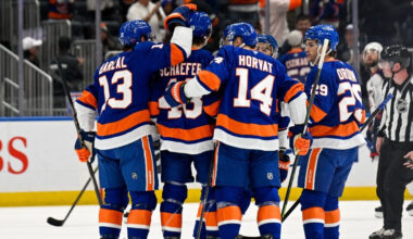 Nov 2, 2025; Elmont, New York, USA; New York Islanders center Mathew Barzal (13) and New York Islanders center Bo Horvat (14) celebrate the goal by New York Islanders defenseman Matthew Schaefer (48) during the first period at UBS Arena.