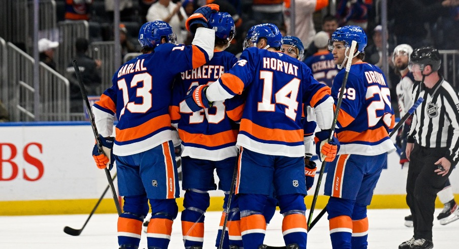 Nov 2, 2025; Elmont, New York, USA; New York Islanders center Mathew Barzal (13) and New York Islanders center Bo Horvat (14) celebrate the goal by New York Islanders defenseman Matthew Schaefer (48) during the first period at UBS Arena.