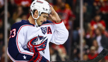Nov 5, 2025; Calgary, Alberta, CAN; Columbus Blue Jackets center Sean Monahan (23) against the Calgary Flames during the first period at Scotiabank Saddledome.