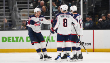 Nov 11, 2025; Seattle, Washington, USA; The Columbus Blue Jackets celebrates after a goal scored by center Adam Fantilli (19) during the second period against the Seattle Kraken at Climate Pledge Arena.