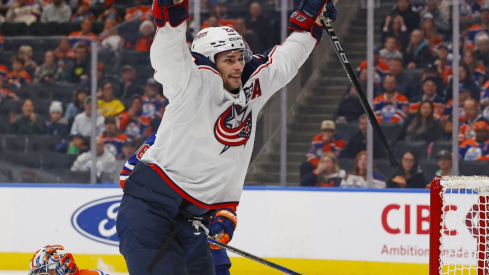 Nov 10, 2025; Edmonton, Alberta, CAN; Columbus Blue Jackets forward Sean Monahan (23) celebrates a goal against Edmonton Oilers goaltender Stuart Skinner (74) during the second period at Rogers Place.