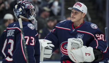 Nov 1, 2025; Columbus, Ohio, USA; Columbus Blue Jackets goaltender Jet Greaves (73) celebrates with goaltender Elvis Merzlikins (90) after defeating the St. Louis Blues at Nationwide Arena.