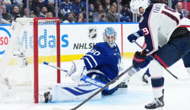 Nov 20, 2025; Toronto, Ontario, CAN; Columbus Blue Jackets center Adam Fantilli (19) scores the winning goal against the Toronto Maple Leafs during the overtime period at Scotiabank Arena.