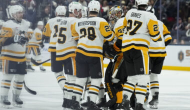 Nov 28, 2025; Columbus, Ohio, USA; Pittsburgh Penguins goaltender Tristan Jarry (35) celebrates with teammates after his team’s win against the Columbus Blue Jackets in the overtime period at Nationwide Arena.