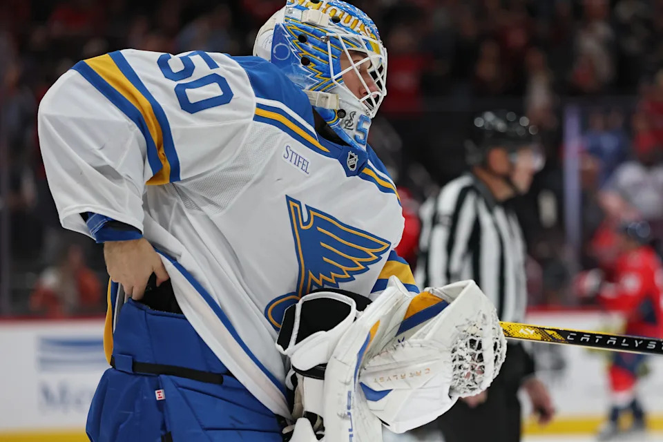 Blues goaltender Jordan Binnington was pulled after allowing four goals on 15 shots during a 6-1 loss to the Capitals. He was in net when Alex Ovechkin scored his 900th career goal. (Photo by Patrick Smith/Getty Images)