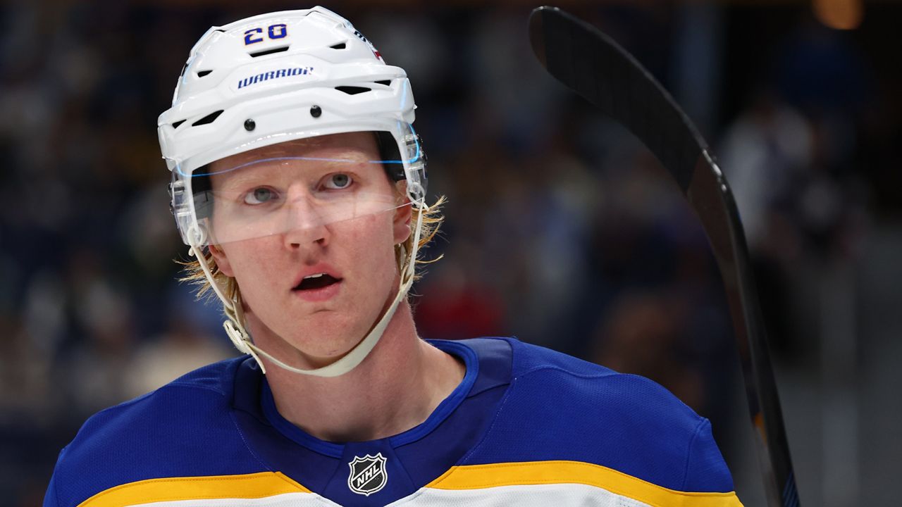 Buffalo Sabres defenseman Rasmus Dahlin (26) looks on during the first period of an NHL hockey game against the Ottawa Senators Wednesday, Oct. 15, 2025, in Buffalo, N.Y. (AP Photo/Jeffrey T. Barnes)