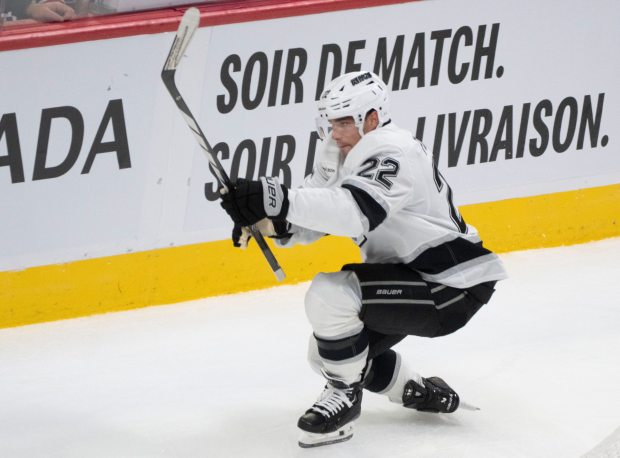 The Kings’ Kevin Fiala celebrates his goal during the second...