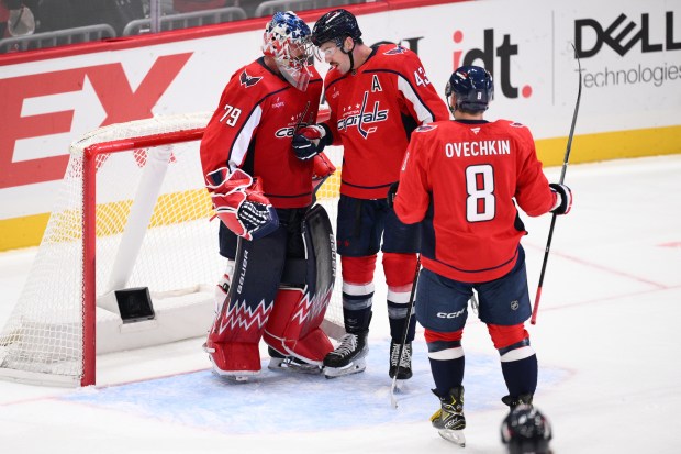 Washington Capitals goaltender Charlie Lindgren (79) celebrates with right wing...