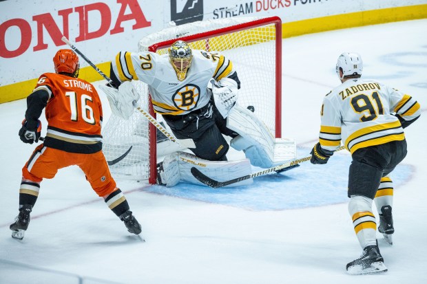 Ducks center Ryan Strome (16) scores past Boston Bruins goaltender...