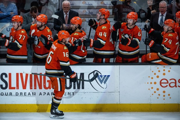 Ducks center Ryan Strome celebrates with the bench after scoring...