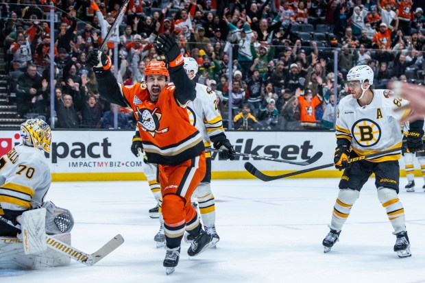 Ducks left wing Chris Kreider (20) celebrates after teammate Ian...