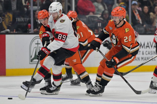 Ottawa Senators center Lars Eller (89) battles to keep the...
