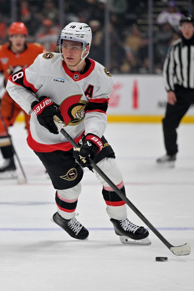 Ottawa Senators center Tim Stützle handles the puck during the...
