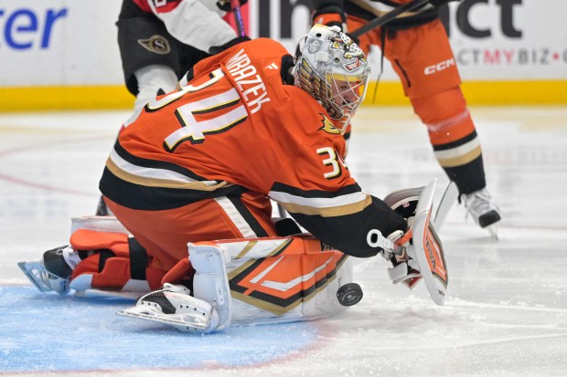 Ducks goaltender Petr Mrazek makes a save during the second...