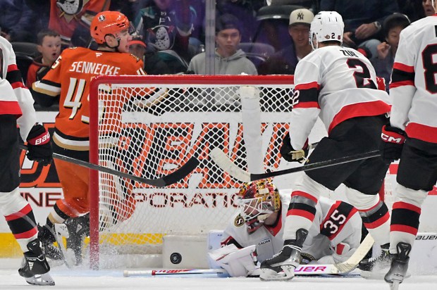 Ducks right wing Beckett Sennecke (45) celebrates as he skates...