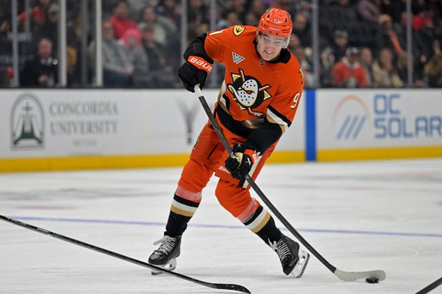 Ducks center Leo Carlsson takes a shot on goal during...