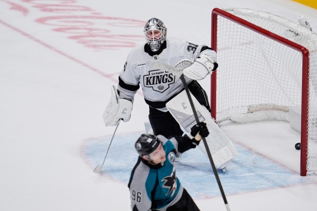 Kings goaltender Anton Forsberg shows his frustration after being unable...