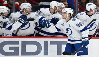 Tampa Bay Lightning left wing Brandon Hagel (38) is congratulated by his teammates after scoring his second goal during the first period of an NHL hockey game against the Tampa Bay Lightning, Saturday, Nov. 22, 2025, in Washington. (AP Photo/John McDonnell)