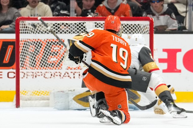 Anaheim Ducks right wing Troy Terry scores during the second...