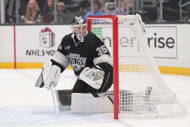 Kings goaltender Darcy Kuemper guards his net during the first...