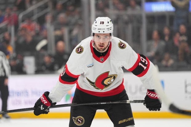 Ottawa Senators right wing Drake Batherson waits for the puck...