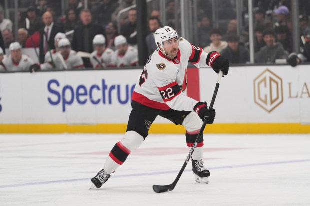 Ottawa Senators right wing Michael Amadio moves the puck during...