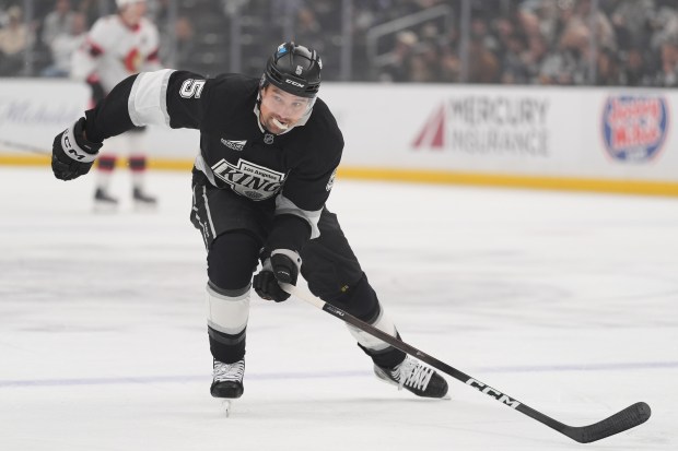 Kings defenseman Cody Ceci skates during the first period of...