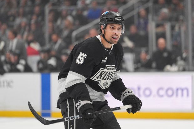Kings defenseman Cody Ceci keeps his eyes on the action...