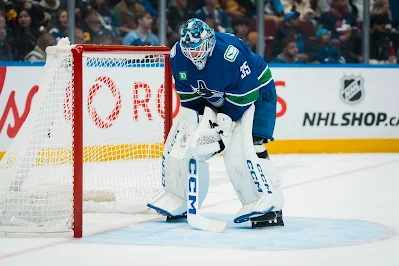 Vancouver Canucks goaltender Thatcher Demko reacts during 2025 game. Vancouver Canucks goaltender Thatcher Demko reacts during 2025 game.