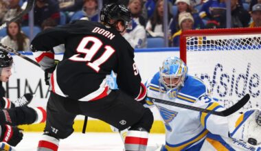 Hofer makes 27 saves and Joseph scores short-handed as Blues blank Sabres 3-0