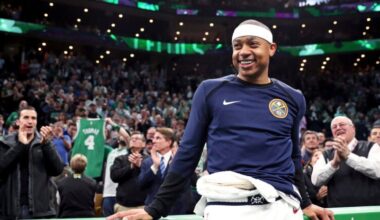 Denver Nuggets guard Isaiah Thomas smiles as fans applaud during a video tribute during a break in the first quarter of an NBA basketball game against the Boston Celtics in Boston, in this Monday, March 18, 2019, file photo. Two-time NBA All-Star Isaiah Thomas hopes playing this weekend with USA Basketball in FIBA AmeriCup qualifying in Puerto Rico gives an NBA club reason to sign him.