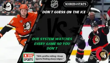 NHL promo graphic featuring Anaheim Ducks and Ottawa Senators players with team logos and Scores and Stats branding, promoting betting picks and predictions for their November 20, 2025 matchup.
