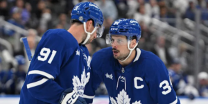 Toronto Maple Leafs Captain Auston Matthews #34 and John Tavares #91