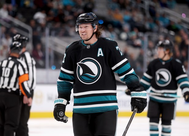 San Jose Sharks’ Tyler Toffoli #73 on the ice in...