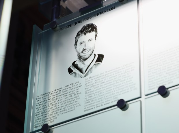 A view of the Hall of Fame plaque for Joe Thornton prior to a media opportunity in the Great Hall at the Hockey Hall of Fame & Museum on Nov. 08, 2025 in Toronto, Ontario, Canada. (Photo by Bruce Bennett/Getty Images)