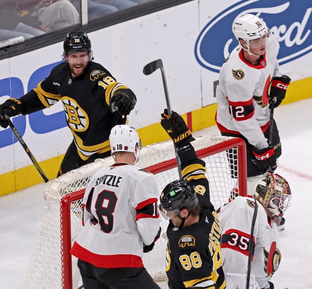 Boston Bruins center Pavel Zacha (18) celebrates his OT game-winning goal with right wing David Pastrnak in a 3-2 victory over the Senators. (Staff Photo By Stuart Cahill/Boston Herald) 