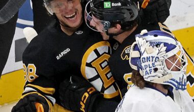Bruins grind out nasty win over Leafs, 5-3; Pastrnak nets 400th career goal