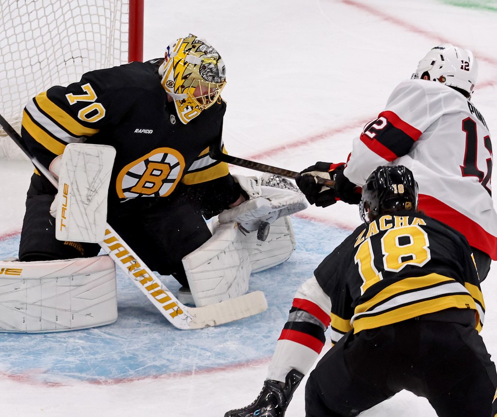 Joonas Korpisalo in Bruins' net as they take on Senators