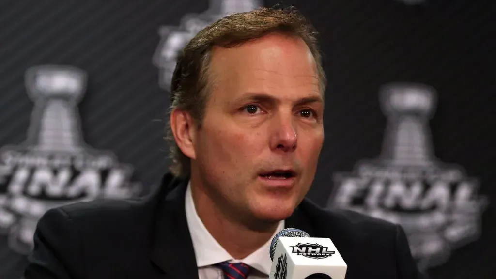 Head coach Jon Cooper of the Tampa Bay Lightning speaks to the media after losing to the Chicago Blackhawks 2-1 in Game Four of the 2015 NHL Stanley Cup Final at the United Center on June 10, 2015 in Chicago, Illinois.