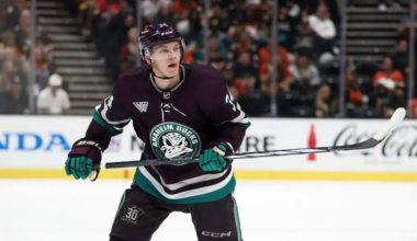 Pavel Mintyukov wearing the Anaheim Ducks 30th Jersey.