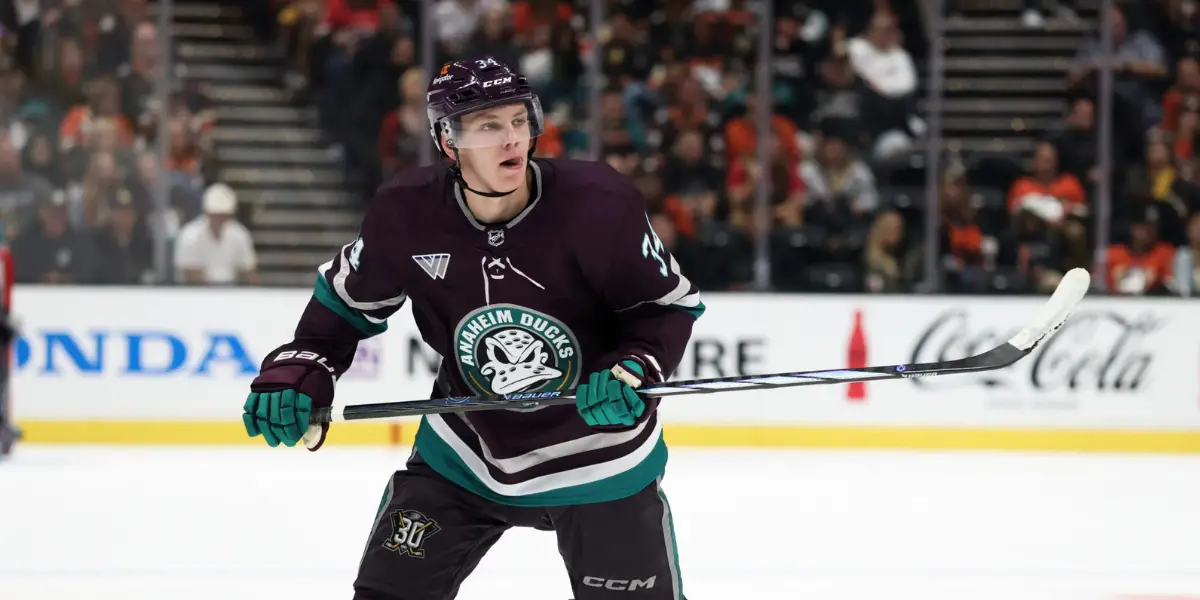 Pavel Mintyukov wearing the Anaheim Ducks 30th Jersey.