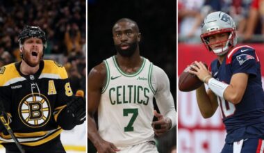 Boston Bruins forward David Pastrnak, Boston Celtics forward Jaylen Brown, and New England Patriots quarterback Drake Maye.