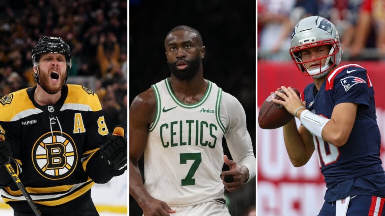 Boston Bruins forward David Pastrnak, Boston Celtics forward Jaylen Brown, and New England Patriots quarterback Drake Maye.