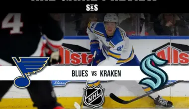 NHL Game Preview featuring the St. Louis Blues vs. Seattle Kraken, showcasing intense ice hockey action and team logos.