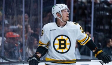 Boston Bruins center Morgan Geekie (39) waits for play to begin during the third period of an NHL hockey game against the Anaheim Ducks Wednesday, Nov. 19, 2025, in Anaheim, Calif.