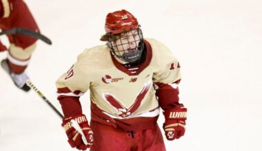 Boston College forward James Hagens (10) reacts after scoring a goal during the third period of an NCAA hockey regionals game against Bentley on Friday, March 28, 2025, in Manchester, N.H. Boston College won 3-1.