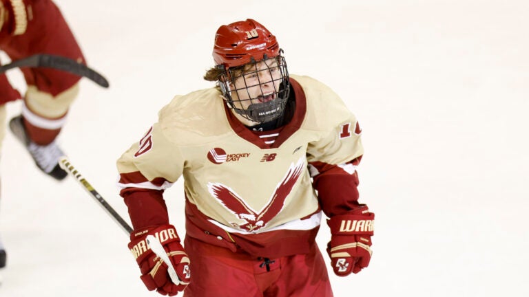 Boston College forward James Hagens (10) reacts after scoring a goal during the third period of an NCAA hockey regionals game against Bentley on Friday, March 28, 2025, in Manchester, N.H. Boston College won 3-1.