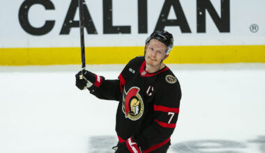 Ottawa Senators left wing Brady Tkachuk (7) acknowledges the crowd following the team loss against the Toronto Maple Leafs in game six of the first round of the 2025 Stanley Cup Playoffs at Canadian Tire Centre.