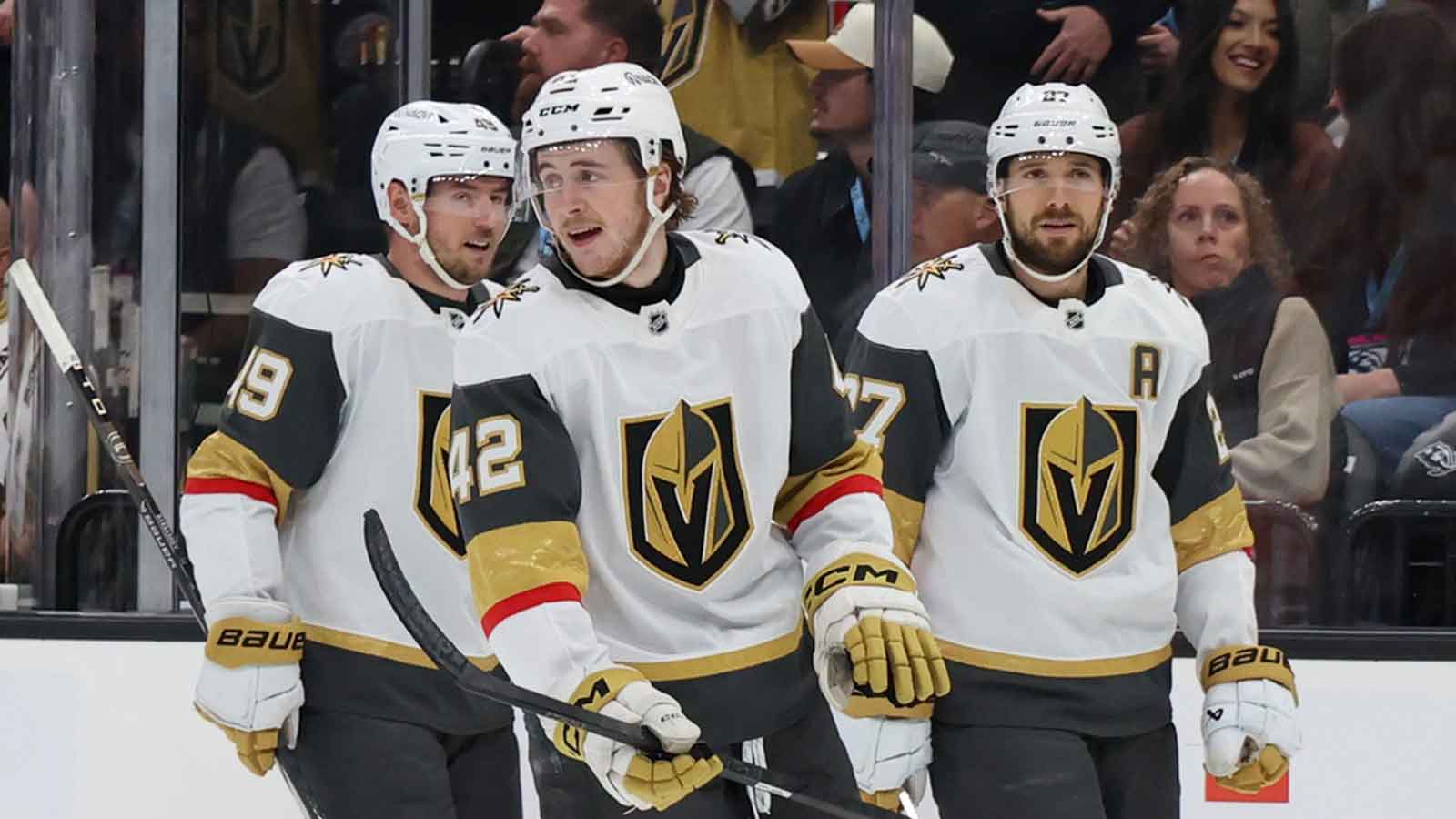 The Vegas Golden Knights celebrate a goal by right wing Braeden Bowman (42) against the Utah Mammoth during the third period celebrates a at Delta Center.